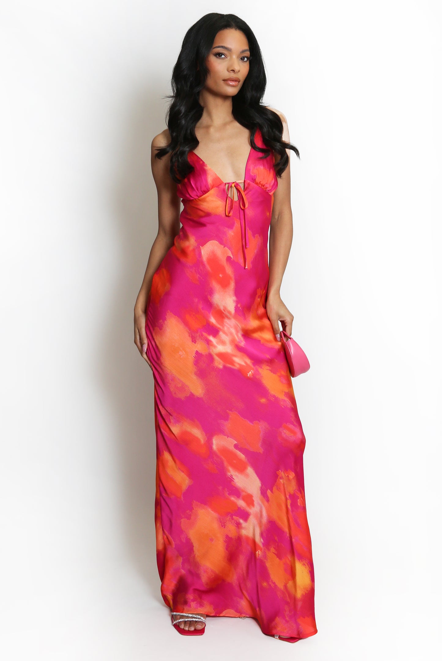 FUCHSIA MULTI ABSTRACT PRINT CUT OUT BACK MAXI DRESS