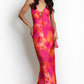 FUCHSIA MULTI ABSTRACT PRINT CUT OUT BACK MAXI DRESS