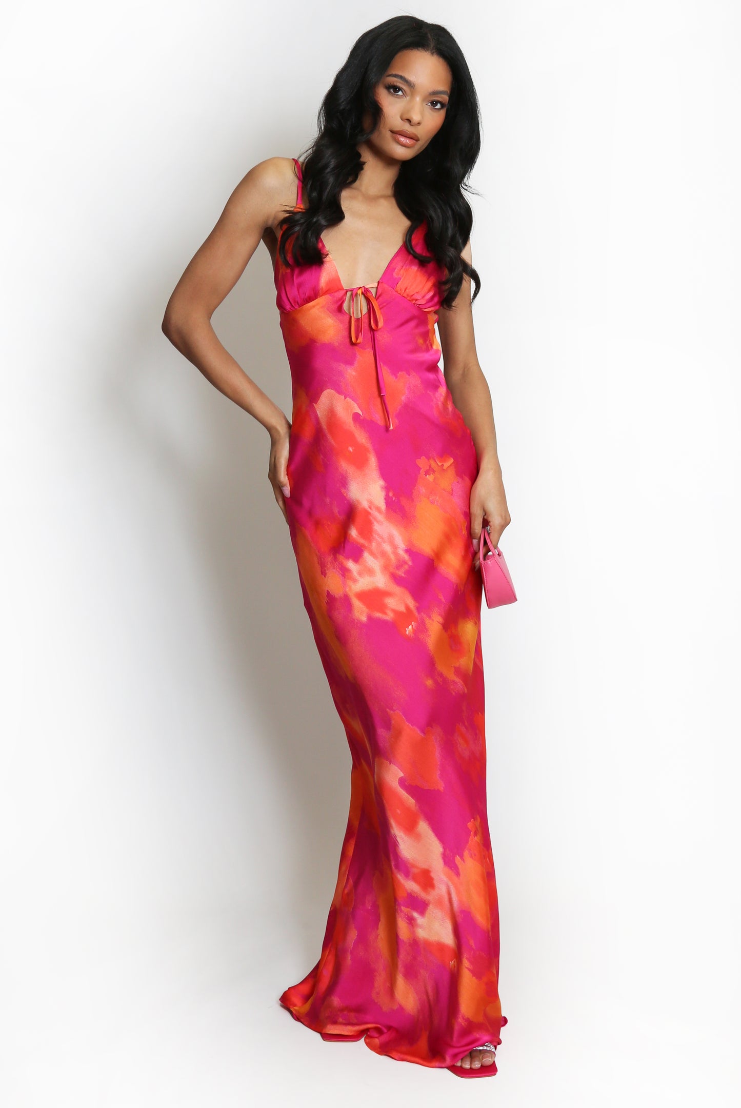 FUCHSIA MULTI ABSTRACT PRINT CUT OUT BACK MAXI DRESS