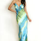 GREEN & BLUE ABSTRACT STRIPE PRINT CUT OUT BACK MAXI DRESS