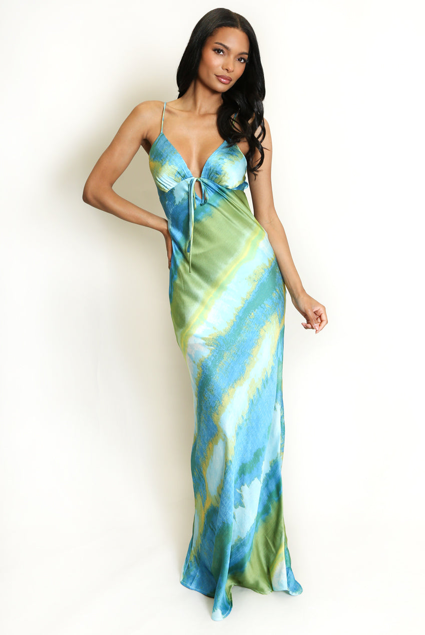 GREEN & BLUE ABSTRACT STRIPE PRINT CUT OUT BACK MAXI DRESS