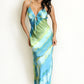 GREEN & BLUE ABSTRACT STRIPE PRINT CUT OUT BACK MAXI DRESS