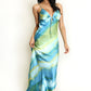 GREEN & BLUE ABSTRACT STRIPE PRINT CUT OUT BACK MAXI DRESS