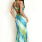 GREEN & BLUE ABSTRACT STRIPE PRINT CUT OUT BACK MAXI DRESS