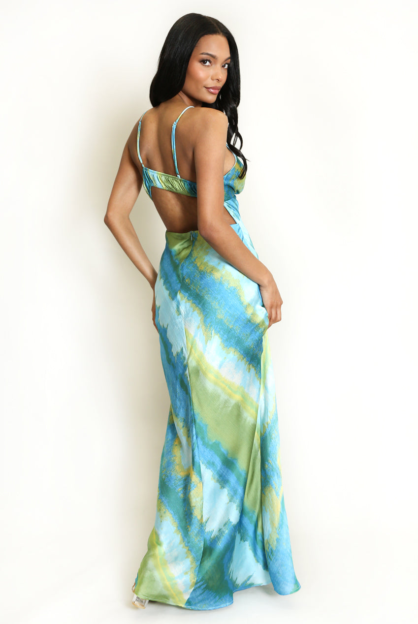 GREEN & BLUE ABSTRACT STRIPE PRINT CUT OUT BACK MAXI DRESS