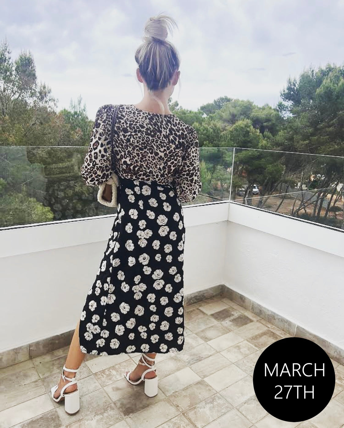 Leopard and black floral mixed printed v neck midi dress with double splits