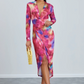 PINK MULTI ABSTRACT PRINT SLINKY WRAP MIDI DRESS