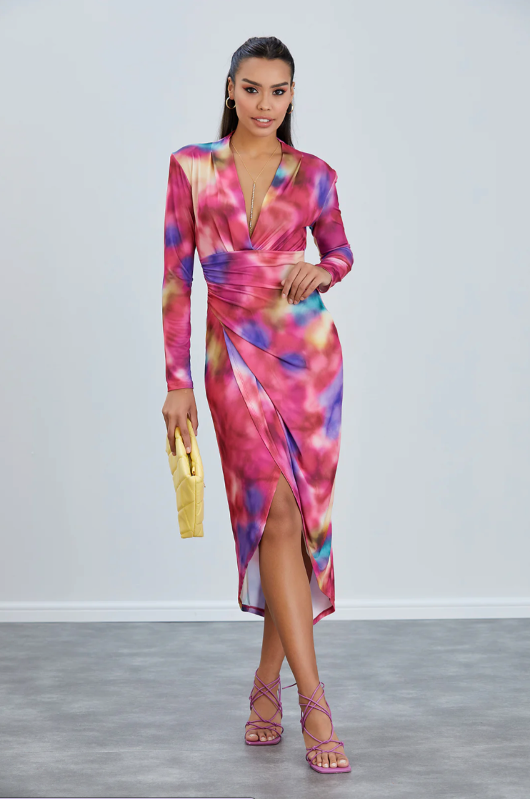 PINK MULTI ABSTRACT PRINT SLINKY WRAP MIDI DRESS