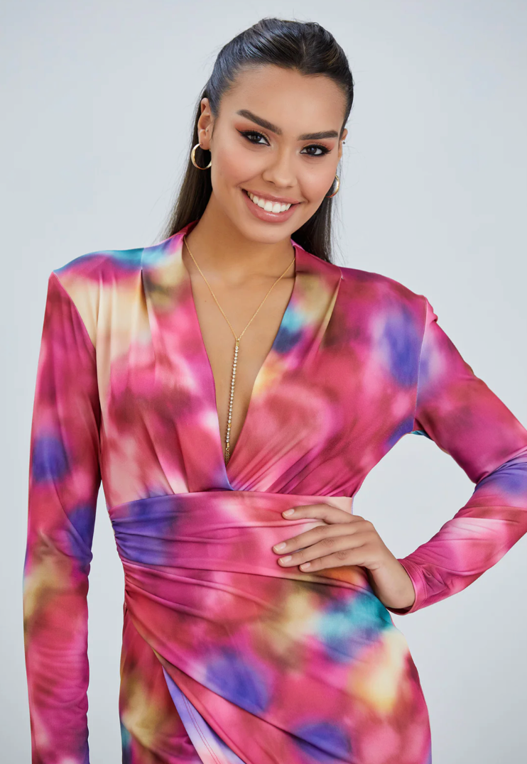 PINK MULTI ABSTRACT PRINT SLINKY WRAP MIDI DRESS