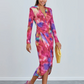 PINK MULTI ABSTRACT PRINT SLINKY WRAP MIDI DRESS