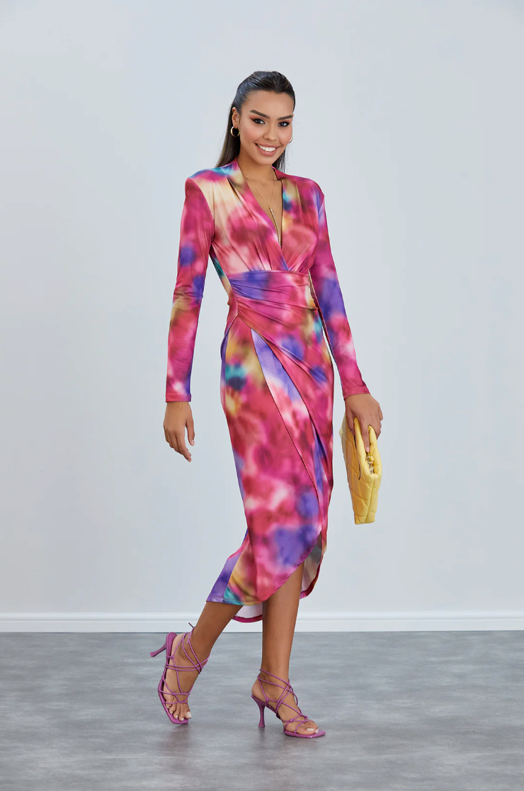 PINK MULTI ABSTRACT PRINT SLINKY WRAP MIDI DRESS