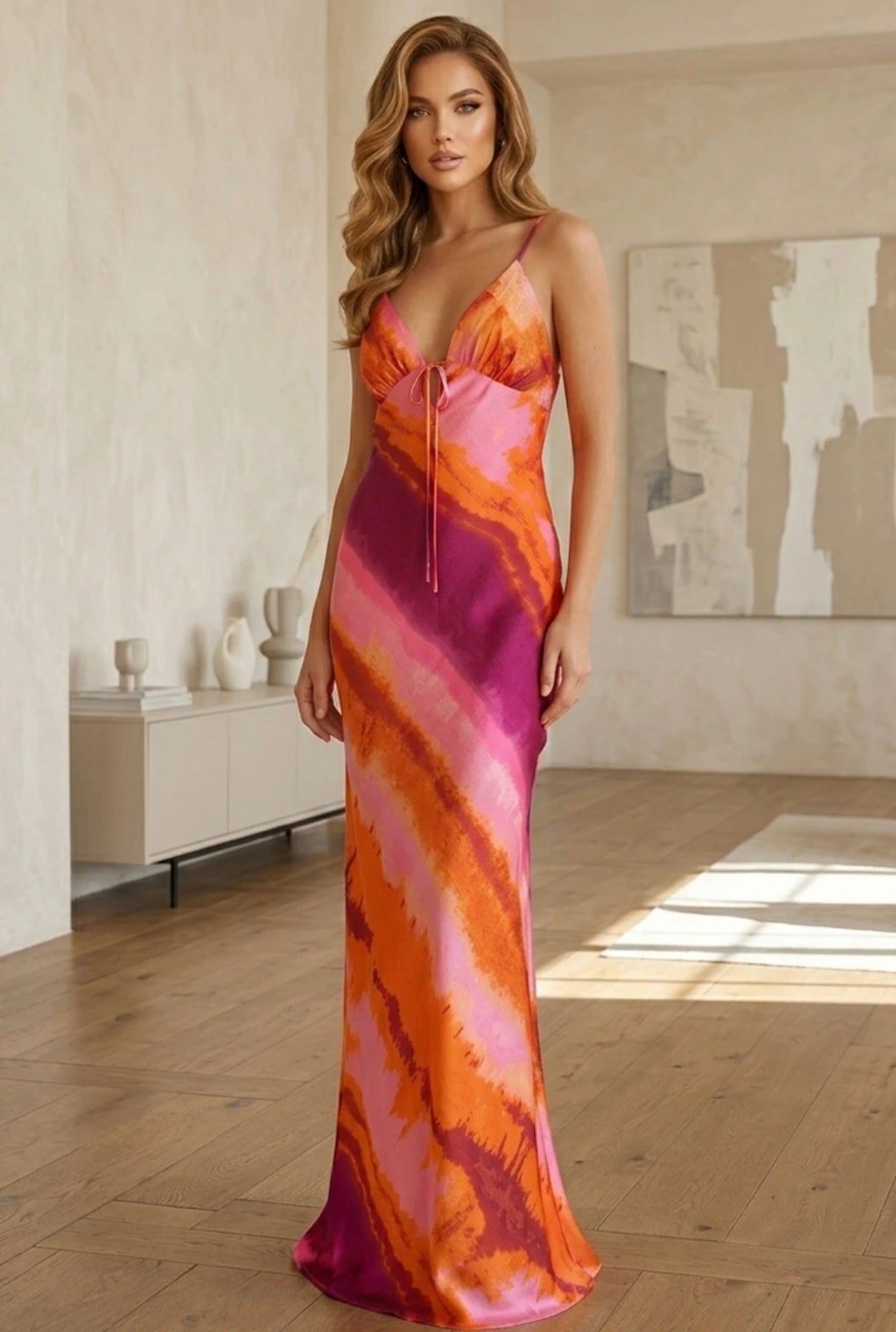 PINK MULTI ABSTRACT STRIPE PRINT CUT OUT BACK MAXI DRESS