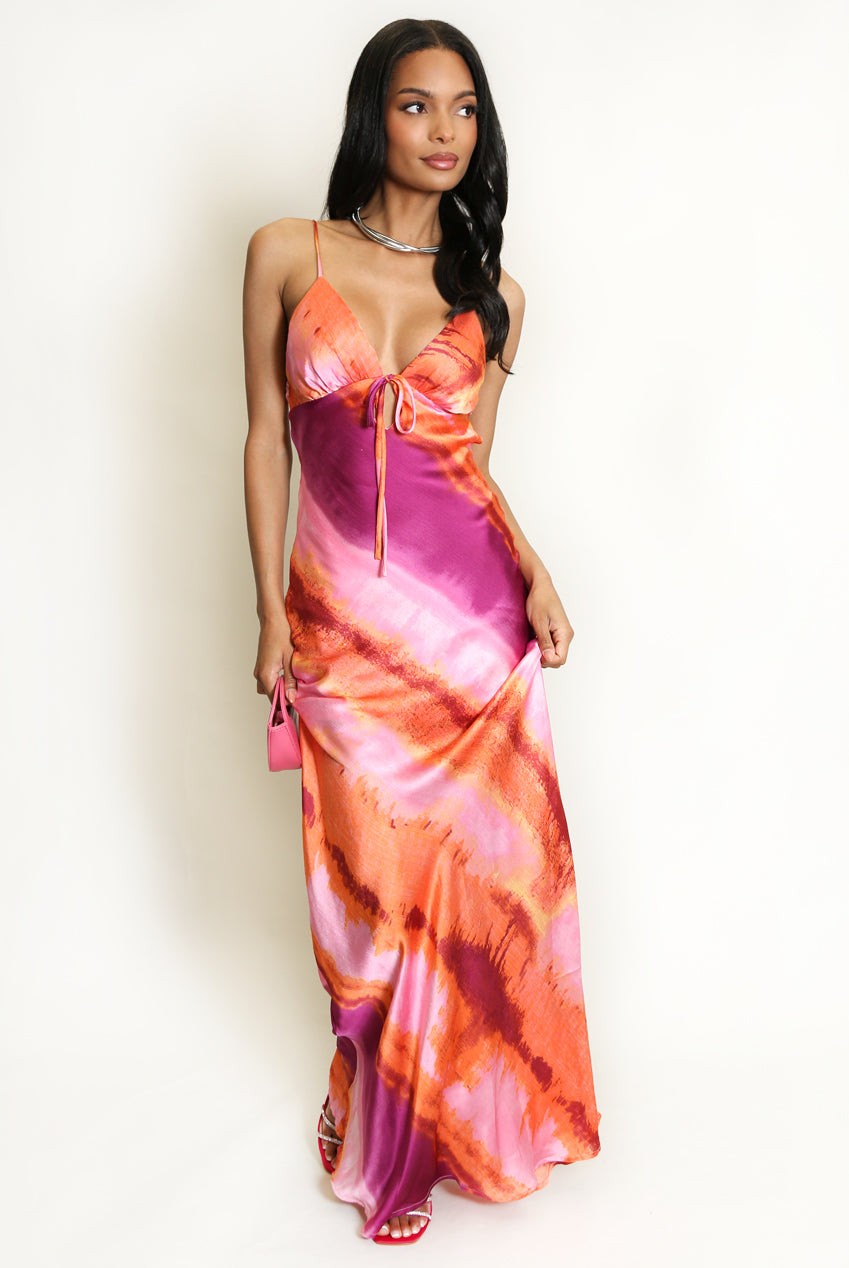 PINK MULTI ABSTRACT STRIPE PRINT CUT OUT BACK MAXI DRESS