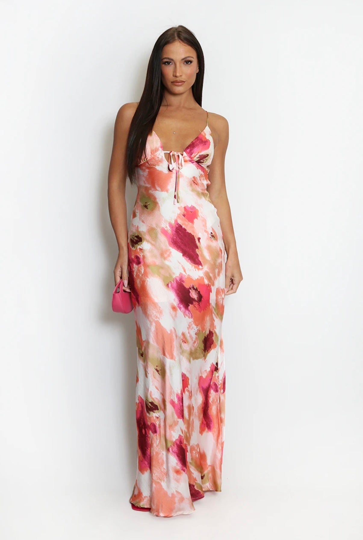 WHITE MULTI WATERCOLOUR ABSTRACT PRINT CUT OUT BACK MAXI DRESS