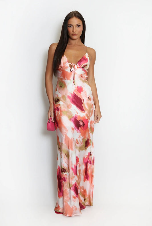 WHITE MULTI WATERCOLOUR ABSTRACT PRINT CUT OUT BACK MAXI DRESS