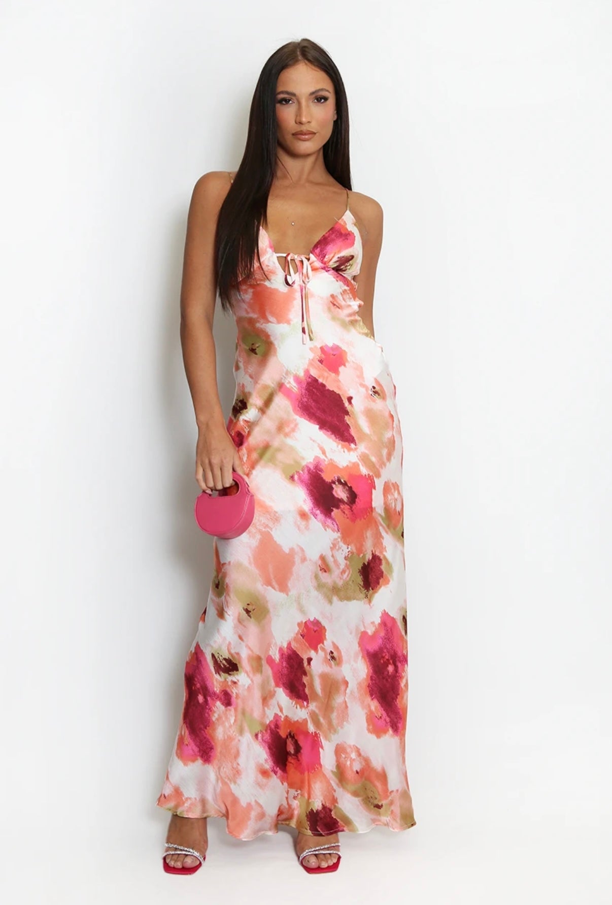 WHITE MULTI WATERCOLOUR ABSTRACT PRINT CUT OUT BACK MAXI DRESS