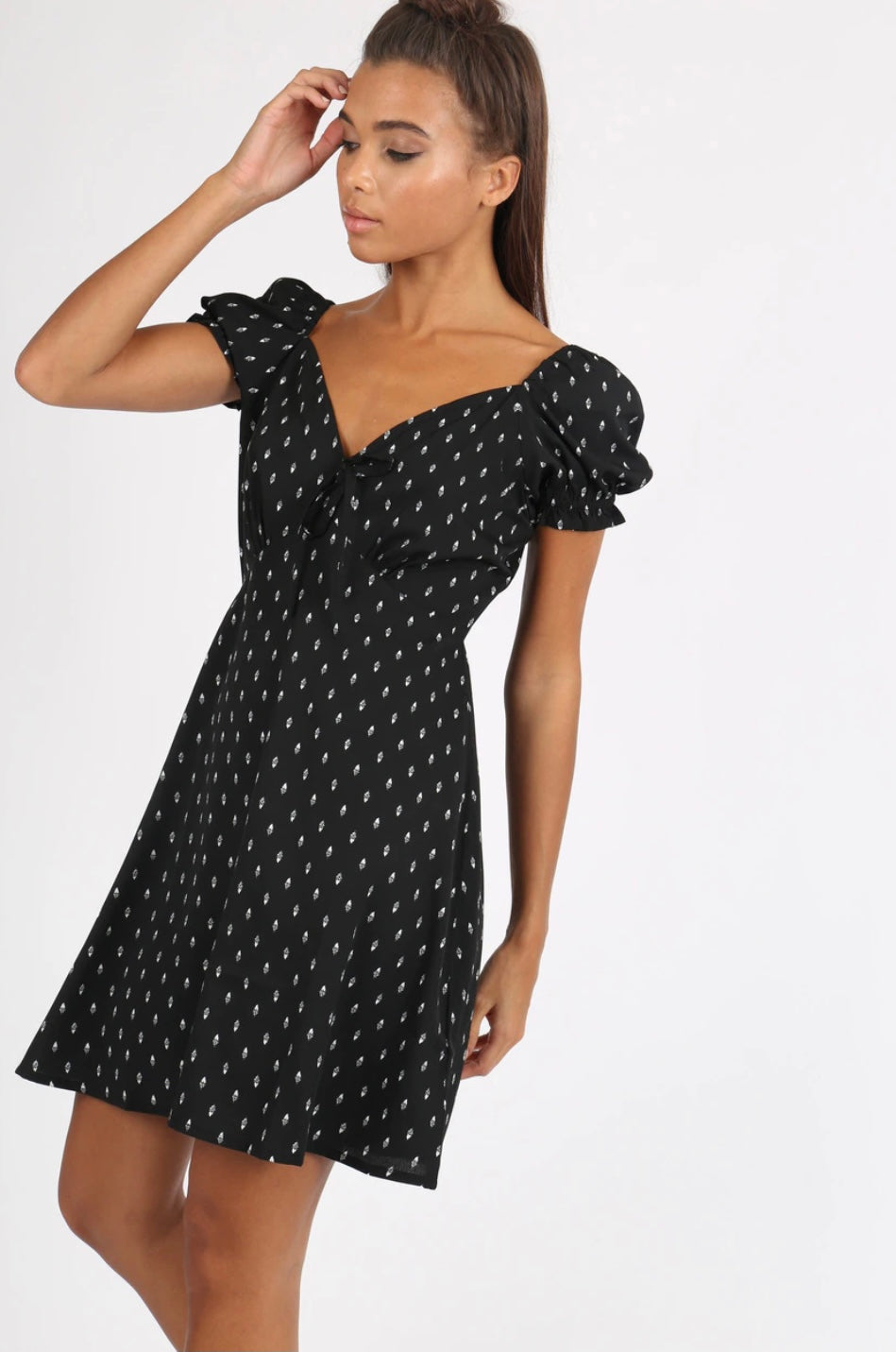 BLACK FEATHER PRINT SWEETHEART PUFF SLEEVE DRESS