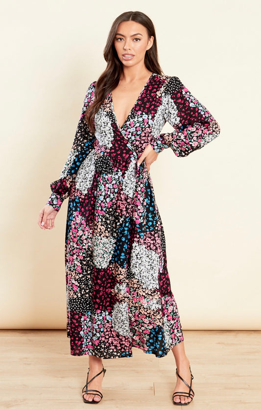 Black based mixed floral & polka dot printed true wrap midaxi dress with long sleeves