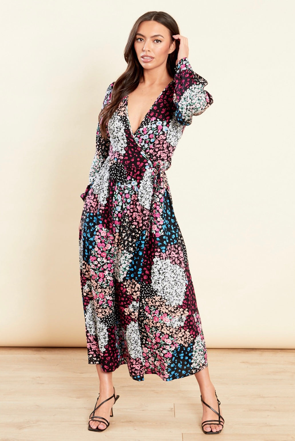 Black based mixed floral & polka dot printed true wrap midaxi dress with long sleeves