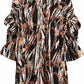 Black and ivory zebra chain print smock shirt dress with 3/4 frill sleeves and ornate gold buttons