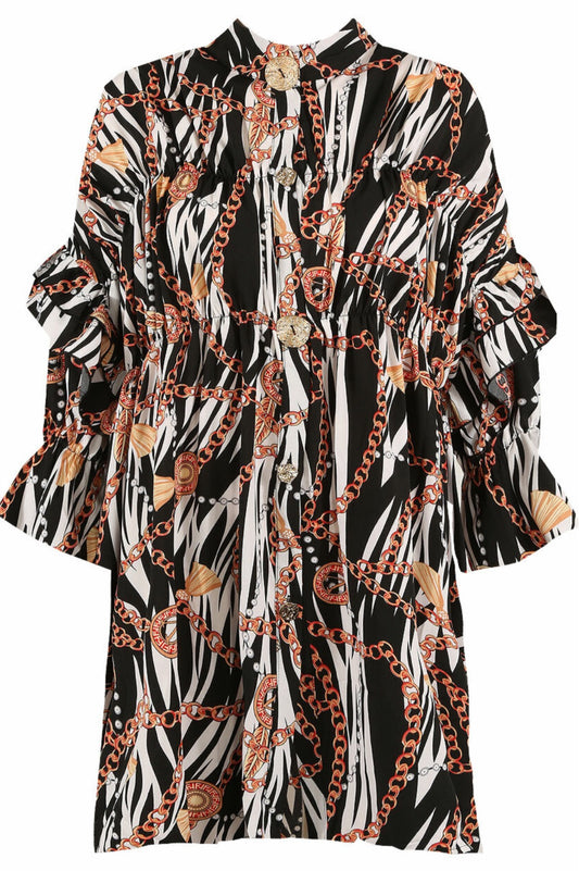 Black and ivory zebra chain print smock shirt dress with 3/4 frill sleeves and ornate gold buttons