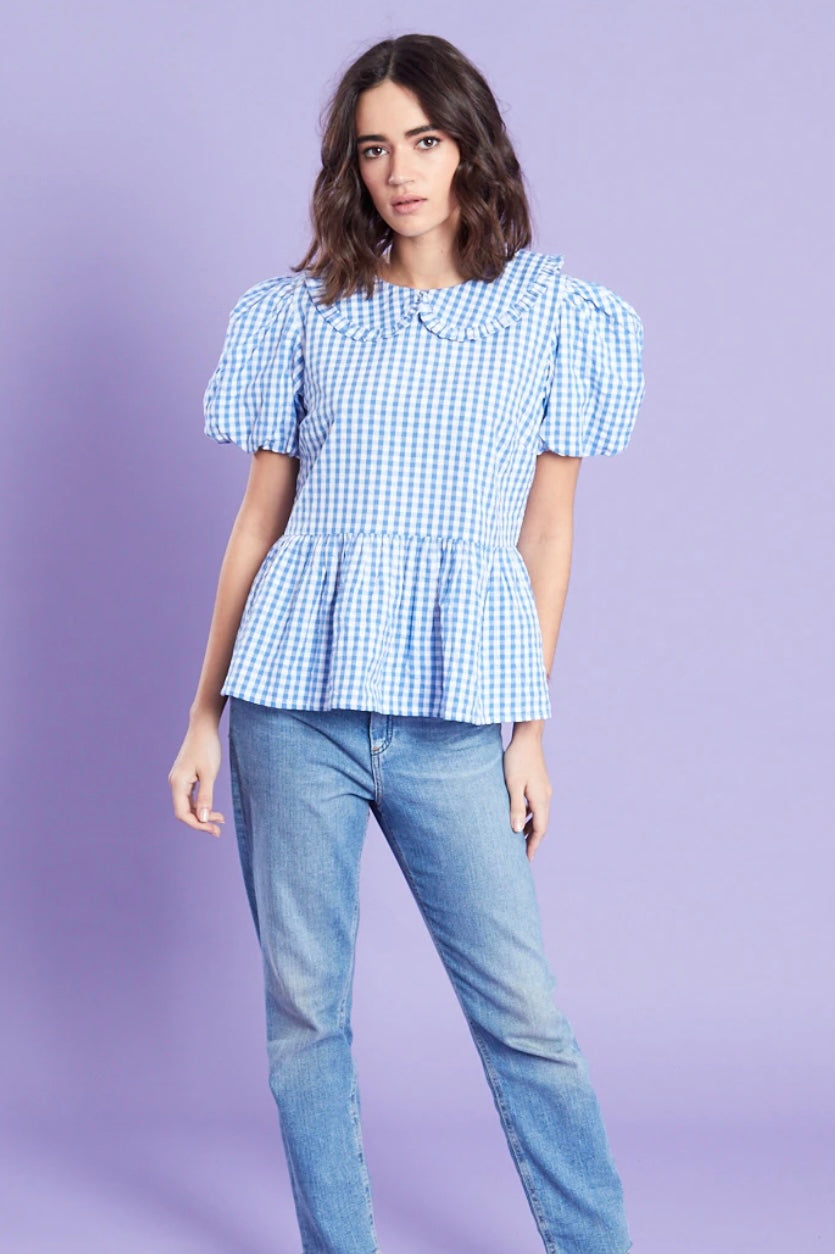 Blue and white gingham printed peplum cotton top with frill peter pan collar and short puff sleeves