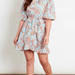 Blue multi ditsy floral printed high neck mini dress with puff sleeves, frill skirt, elasticated waist and self fabric belt