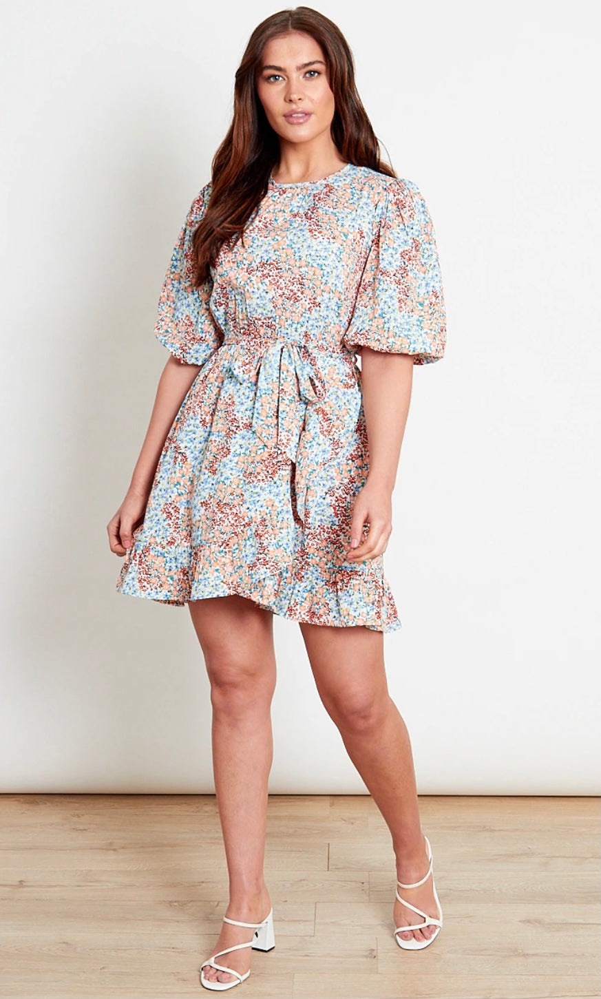 Blue multi ditsy floral printed high neck mini dress with puff sleeves, frill skirt, elasticated waist and self fabric belt