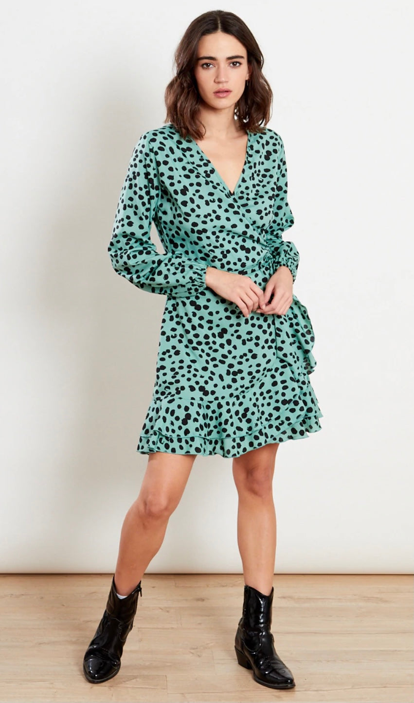 Dark mint green animal printed dress with wrap top, frill skirt and self fabric belt