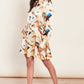 Gold multi marble printed satin shirt dress with self fabric belt