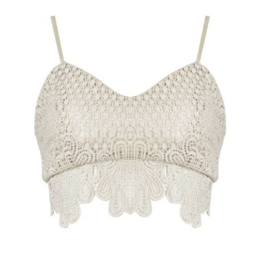 Ivory crotchet lace crop top with adjustable straps and exposed gold zip on back