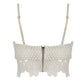 Ivory crotchet lace crop top with adjustable straps and exposed gold zip on back