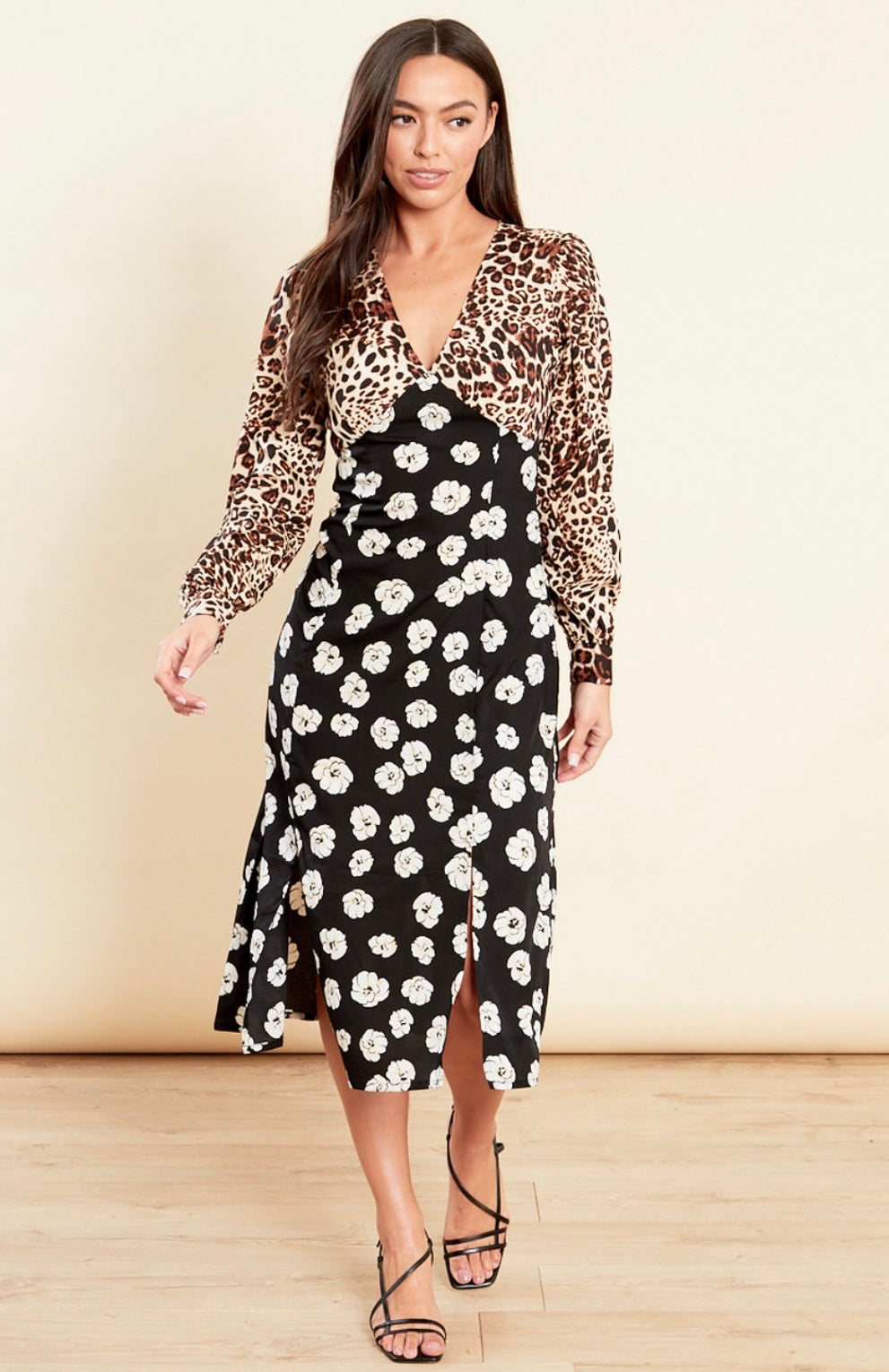 Leopard and black floral mixed printed v neck midi dress with double splits