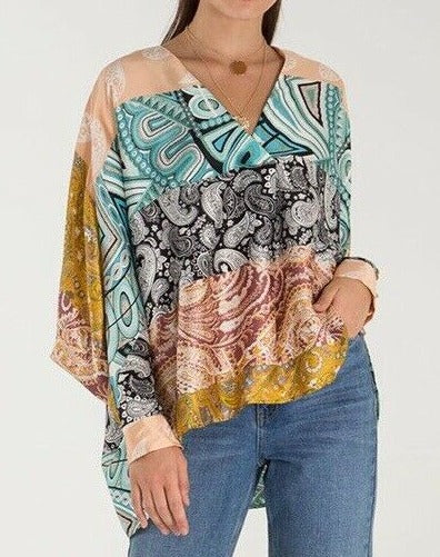 Multi paisley printed satin oversized v-neck pullover dip hem blouse
