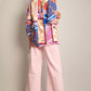 Bright scarf print ruched sleeve, lined, edge to edge shawl collar blazer