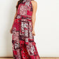 Red and powder blue paisley patchwork printed tiered frill halterneck maxi dress