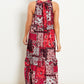 Red and powder blue paisley patchwork printed tiered frill halterneck maxi dress