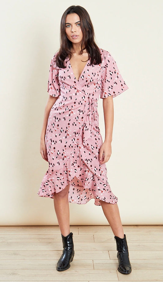 Rose pink leopard print flutter sleeve wrap midi dress with frill skirt and tie waist