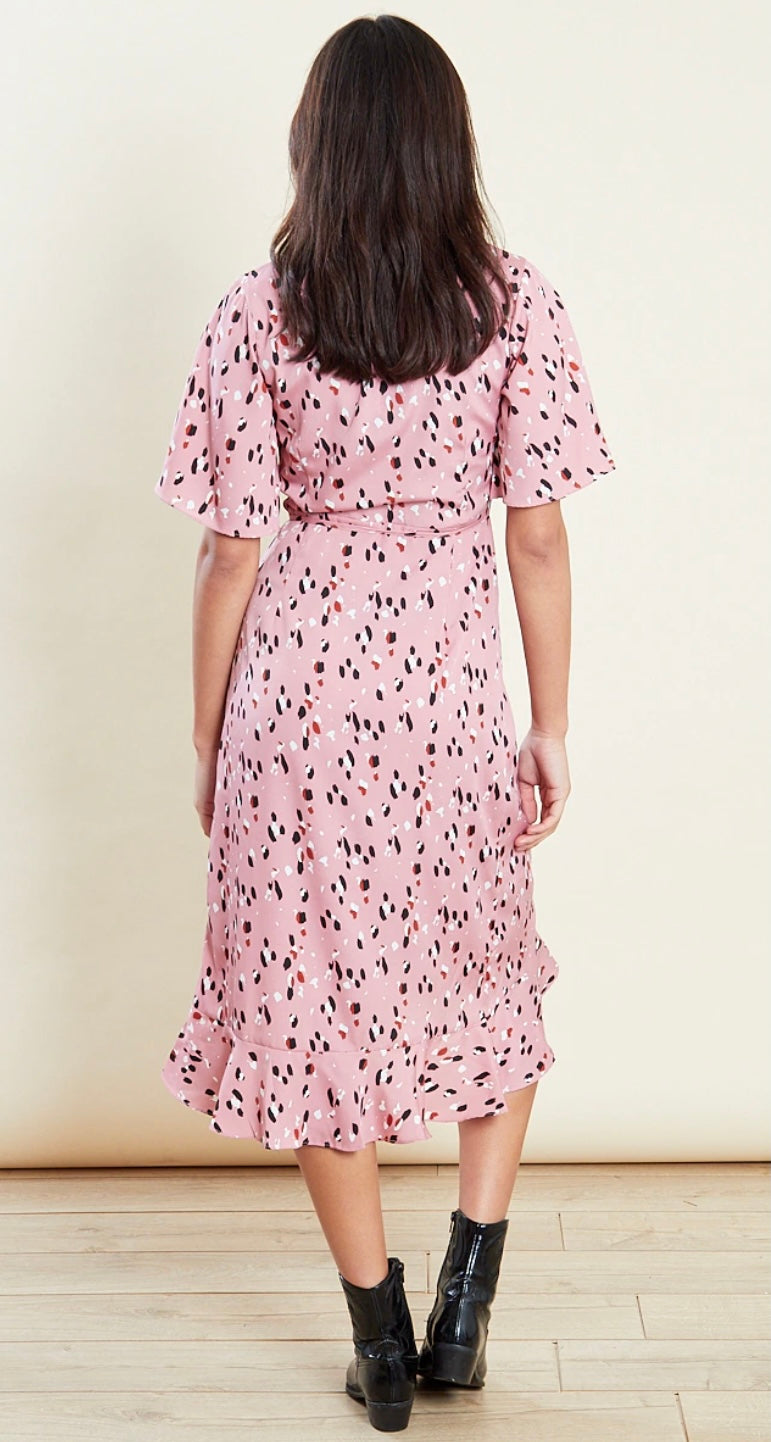 Rose pink leopard print flutter sleeve wrap midi dress with frill skirt and tie waist