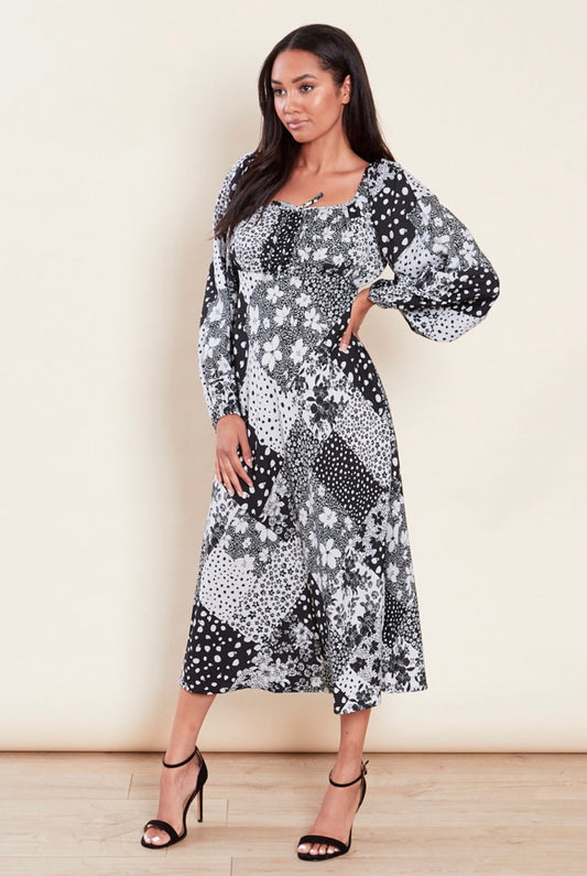 Monochrome floral and spot mixed patchwork print milkmaid long sleeve midi dress